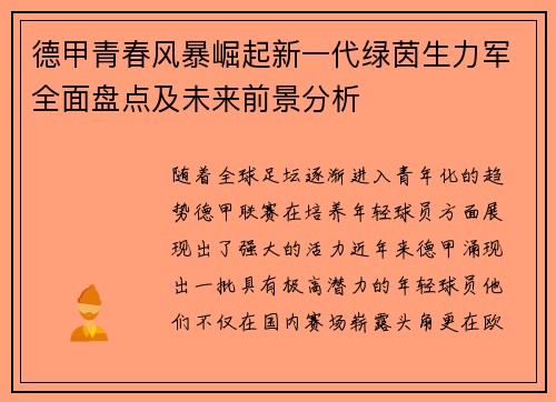 德甲青春风暴崛起新一代绿茵生力军全面盘点及未来前景分析