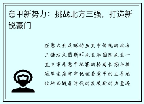 意甲新势力：挑战北方三强，打造新锐豪门